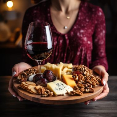 Girl holding glass red wine and wooden plate with cheese. Tasting dish. Generative AI.